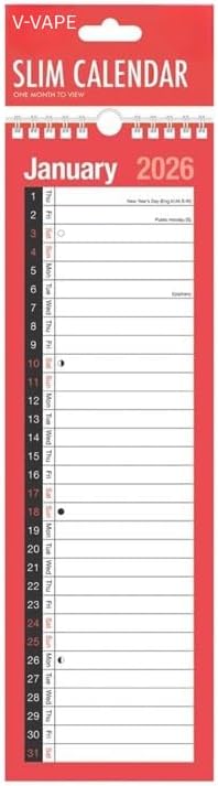 V-VAPE 2026 Slim Month To View Spiral Bound Wall Planner Calendar