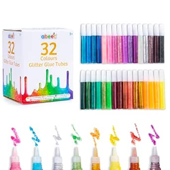 abeec 32 Glitter Glue Pens for Kids - 10ml Coloured Glitter Tubes |Craft Supplies for Children | Arts & Crafts, Card Making, Non-Toxic, Easy to Use
