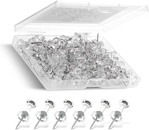 Clear Push Pins - 220 Drawing Pins with Storage Box, Thumb Tacks for Cork, Notice and Bulletin Boards - Map Pins (Clear)
