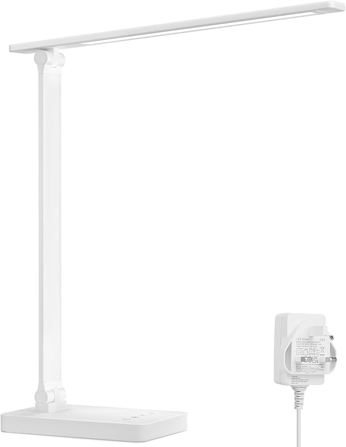 Lepro Desk Lamp, LED Desk Lamp with Power Adapter, 9.2W 800lm, Dimmable Desk Lamps Office, 5 Brightness Levels x 5 Colour Modes, Touch Control, Suit for Office, Study, Bedroom, Nails, Reading, White [Energy Class F]