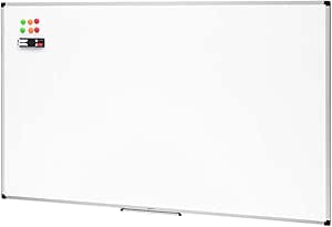Amazon Basics Magnetic Whiteboard with Pen Tray, Aluminium Trim and Dry-Wipe Writing Surface, 90 x 60cm (WxH), including 6 magnets, 1 eraser and 2 dry-erase markers, White