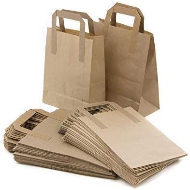 18 x 22 x 8 cm Paper Carrier Bags with Flat Handles, Pack of 100, Brown