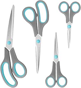 Scissors, Stainless Steel Blades, Soft Grip Handle, Suitable for Households,Offices and Schools, Blue/Grey, 4 pcs/Pack