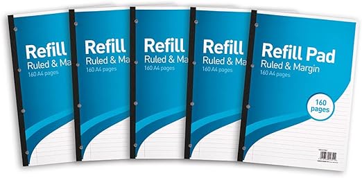 SUMMIT A4 Lined Paper, Side Bound Refill Pad, 8 mm Ruled and Margin, 160 Page, Pack of 5