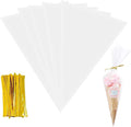 TACHIO 100pcs Clear Reusable Cone Bags, 25x13cm, Polypropylene (PP), Twist Tie Closure, Ideal for Snacks & Sweets