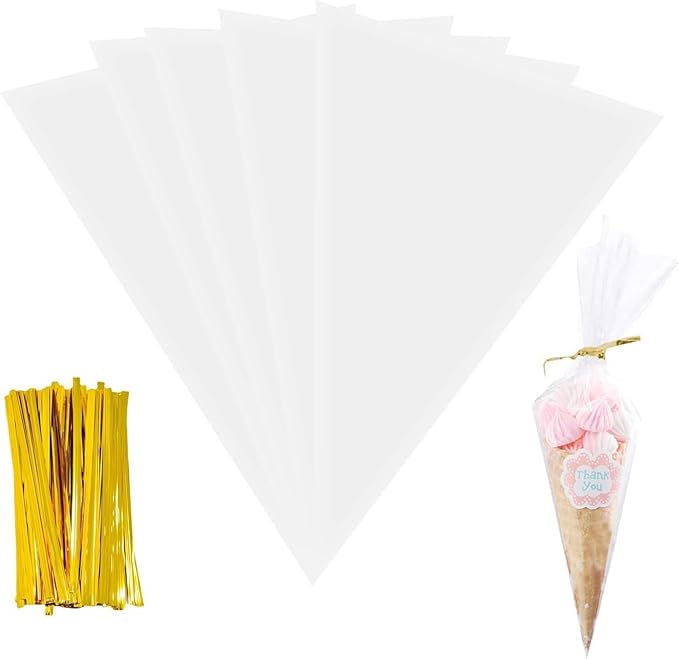 TACHIO 100pcs Clear Reusable Cone Bags, 25x13cm, Polypropylene (PP), Twist Tie Closure, Ideal for Snacks & Sweets