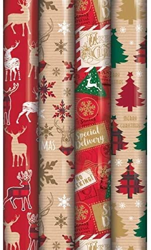 Eurowrap 4 x 8M Rolls of Wrap Wrapping Paper Traditional Tartan Reindeer
