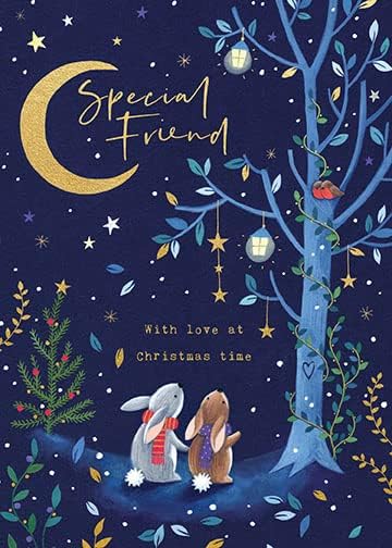 Paperlink Beautiful Special Friend Bunnies Christmas Card – Traditional Xmas Greeting Card, Blue