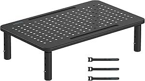 BONTEC Adjustable Monitor Stand, Ergonomic Metal Riser with 3 Height Levels (100/120/140mm), Ventilated Mesh Surface, 20 kg Max Load, Cable Management, Laptop & Computer Monitor Riser, 1 Pack