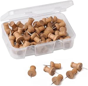 OZYAN Wood Push Pins- 50 pcs Drawing Pins, Cork Notice Board Thumb Tacks Wooden Pins, for Noticeboard, Map Pins, Board Pins, Cork Board Pin, Pin Board Accessories (with Storage Box)
