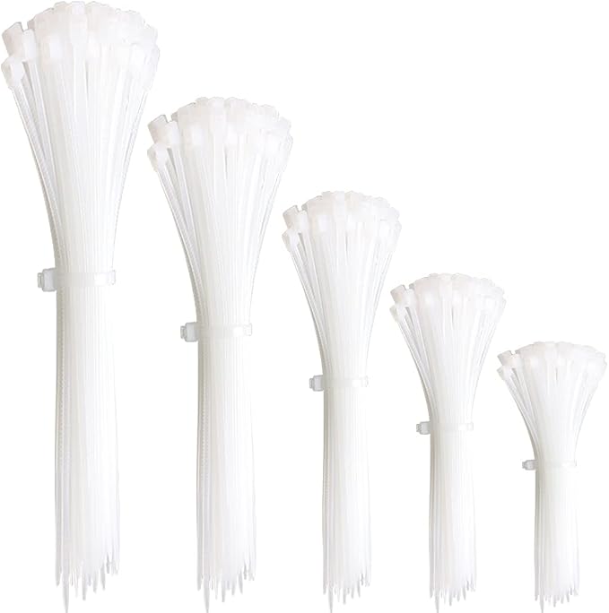 300 Pieces White Nylon Cable Ties Mixed Pack Heavy Duty Strong Self Locking Long Plastic Clear Zip Tie Wraps Assorted Sizes 100/150/200/250/300mm Length 4/6/8/10/12 Inch, 2.5/3.6mm Width