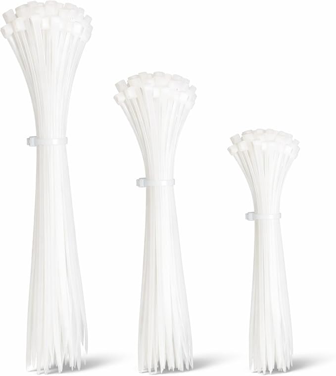 100pc White Plastic Cable Ties, 3 Different Sized Tie Wraps, Durable Strong Plastic Material Ensuring Longevity, Self Locking Zip Ties Ideal for Home, Office, Garden and DIY (White)