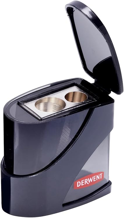 Derwent Twin Hole Pencil Sharpener with Container, Double Hole Sharpener for Artist Sketching Pencils & Colouring Pencils, Two Hole Sizes 11.5 & 8.25mm, Strong Metal Pencil Sharpeners, Black, 2306123