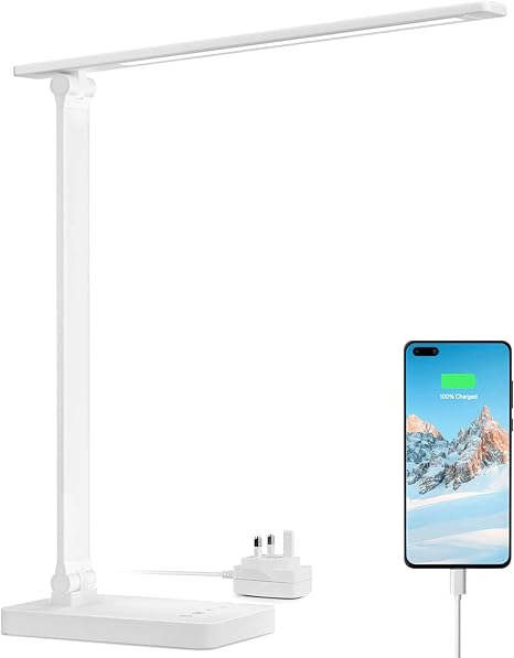 Lepro LED Desk Lamp, Desk Lamp with Power Adapter, 655lm, Desk Lamps Office with USB Charging Port, 5 Brightness Levels x 3 Colour Mode, Touch Control Daylight Lamp for Office, Nails, Study, Bedroom [Energy Class F]