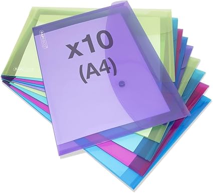 Rapesco 1665 ECO Recycled Popper Wallets, A4+, Assorted Bright Transparent Colours, Pack of 10