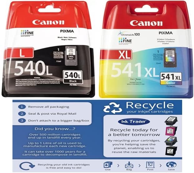 PG-540 L & CL-541 XL Genuine Ink Cartridges For Pixma Printers & Ink Trader Freepost Recycling Pack - Packaging May Vary