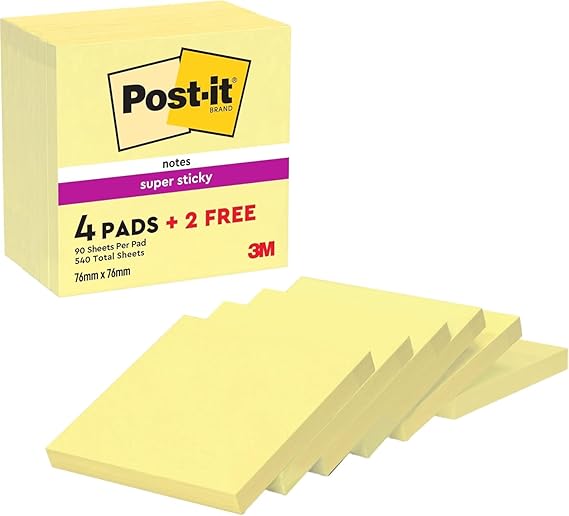 Post-it Super Sticky Notes, 540 Sheets, 76 mm x 76 mm - Holds Strong to Many Surfaces - Canary Yellow - for Walls, Monitors and Fridge, Recycable