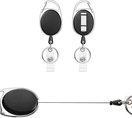 Retractable Badge Holder,Badge Reel 2 Pcs for Id Card Badge Holders, Keyring,Keychain,with Clip,Retractable Lanyards (Black 2 Pcs)