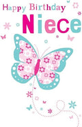 Piccadilly Greetings Group Ltd PRETTY COLOURFUL BUTTERFLY & FLOWERS NIECE BIRTHDAY GREETING CARD,pink|white|blue|grey,7 x 5