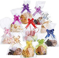 100PCS Clear Cellophane Treat Bags 6" X 10" Clear Resealable Flat Cello Bags Sweet Party Gift Bags OPP Plastic Bag with 100PCS Mix Colors Pull Bows for Candy, Soap, Cookie
