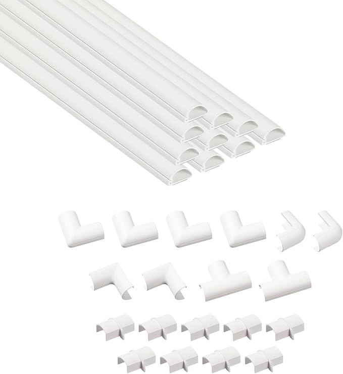 D-Line 20x10mm Cable Trunking 4m Multipack, Half Round Profile, Self-Adhesive Wire Cover, Paintable Cable Management - 10x 20mm (W) x 10mm (H) x 40cm Lengths and Accessories - White