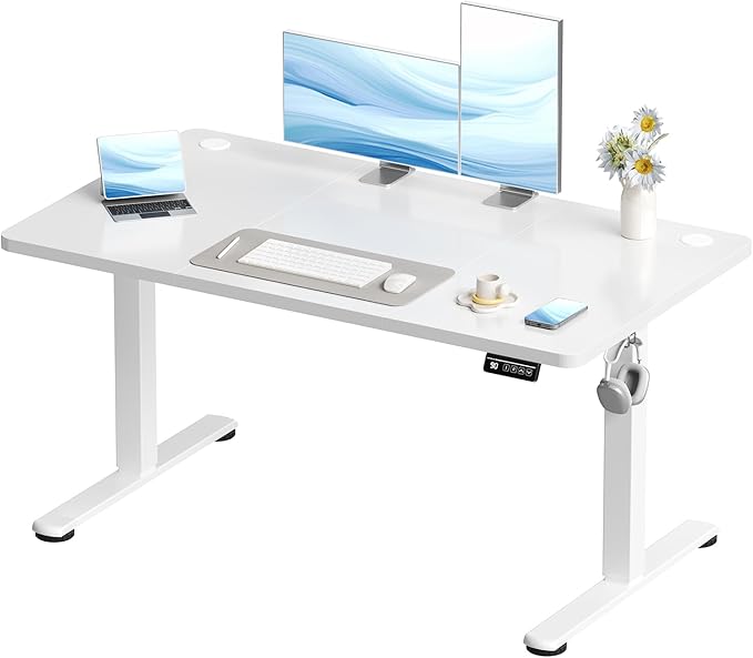 Devoko Electric Standing Desk 120x60cm Sit Stand Table Height Adjustable with Backpack Hook and Memory Smart Pannel, Home Office, White