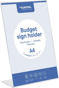 Europel Budget Sign Holder,L-Standard,A4 Size Portrait, Clear Polystyrene 1,5 mm,Menu & Leaflet Display Holder for Restaurants,Hotels,Conference & Reception – Free Standing & Slanted Design
