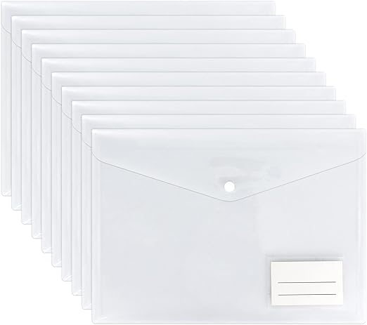 Clear Plastic Wallets - 10 Pack A4 Plastic Folders Document Files Envelope - Popper Wallets with Label Pocket and Snap Button for School Office Homework Travel