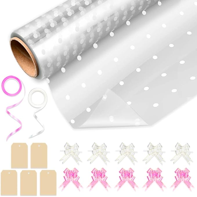 HURUC Dotted Cellophane Wrap for Hampers 40cmx30m with Large 10 Pull Bows 2 Ribbons & 5 Gift Tags, Florist Cellophane Wrap Rolls to pack Gifts Chocolate Flowers for Birthday, Anniversary, Wedding