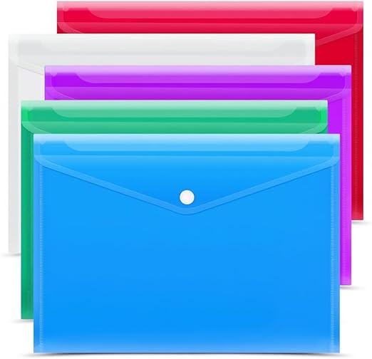 5 Assorted Color A4 Popper Wallets - Clear Plastic Paper Wallets for Document Storage and Office Organization Supplies - Lightweight Transparent Folders with Snap Closure