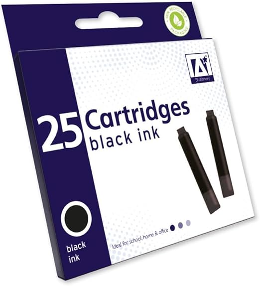 25 x Standard Sized Universal Black Fountain Pen Ink Cartridge Refills