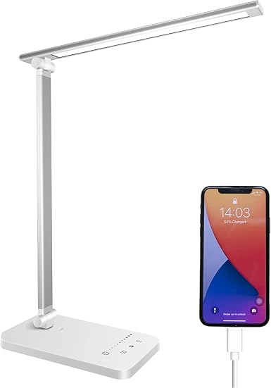 Desk Lamp, LED Table Lamps with USB Charging Port, 5 Color Mode,5 Brightness Level, Touch Control, 45 Min Auto Timer, Relax Mode, Daylight Bedside Light for Home Office Study Bedroom Nail Kids [Energy Class F]