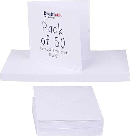 Craft UK, 50 Blank Cards and Envelopes for Card Making, Made in the UK, Lasting Quality, White, 5 x 5-Inch