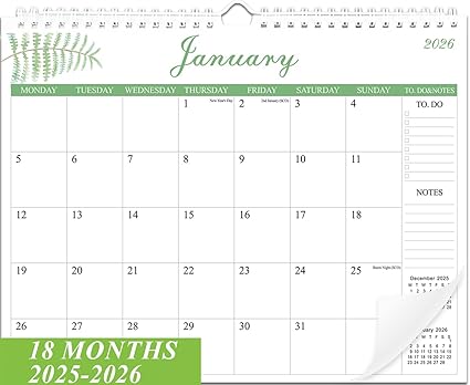 2026 Calendar - Wall Calendar 2026 Month to View A4 Wall Planner, 37 x 29 cm,July 2025 - December 2026, for Home Office Planning Orgnizing,Green Leaf