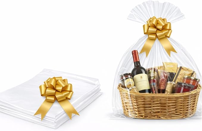 3m x 80cm Clear Cellophane Wrap & Gold Pull Bow Cellophane wrap for hampers Pre-Cut and Folded for Postage - Ideal for Gift Basket Hampers and Gift Wrapping