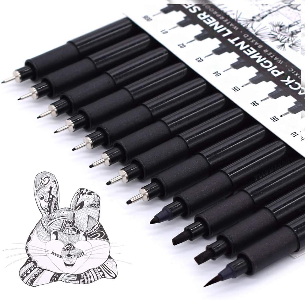 TWOHANDS Art Pens Fineliner, Ink Set of 12 Black Technical Drawing Pigment Pen, Professional Marker, Fine Point, Waterproof, for Art Watercolor, Sketching, Anime, Manga, 902188