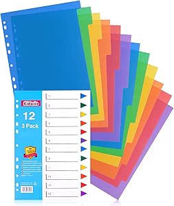 File Dividers A4, 12 Part Folder Dividers, 3 Pack Pre-Punched Leverl Arch Folder in Assorted Colours, Plastic Binder Dividers (Color tabs)