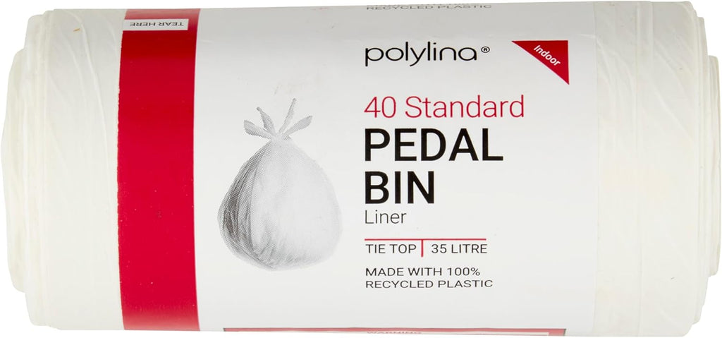 Pedal Bin Liners, 35L, 40-Pack Tie-Top White Bin Bags, Recycled Plastic