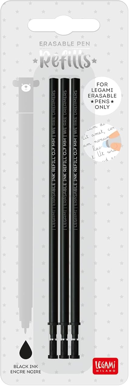 Legami Refill for Erasable Gel Pen, Set of 3 Refills, 13 cm Height, Black Thermosensitive Ink, 0.7 mm Tip