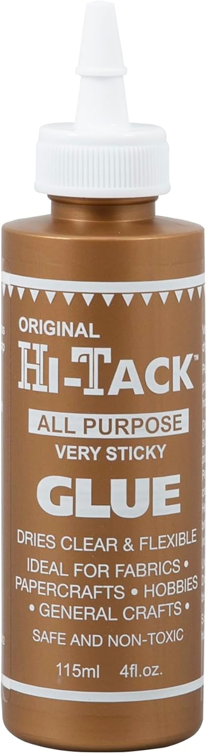 Hi-Tack Original All-Purpose Very Sticky Glue – 115ml Strong, Flexible, Clear-Drying Adhesive for Fabric, Wood, Paper, Metal & Crafts Safe, Non-Toxic, Heat-Resistant Counter-Top Stand Display