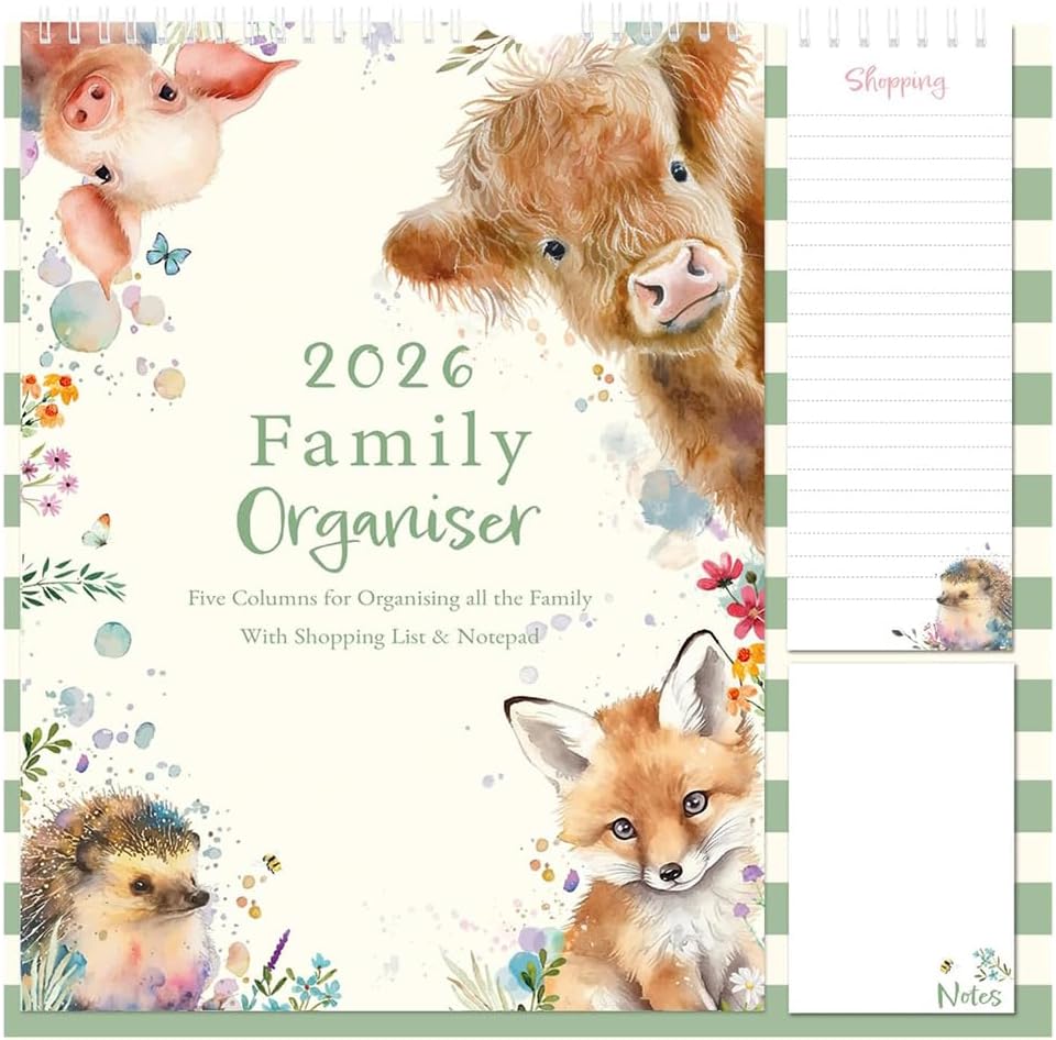 1ABOVE 2025 Family Organiser Calendar Wall Planner With Memo Pad, Pen & Shopping List, Monthly Five Columns - ANIMAL
