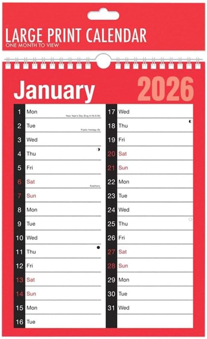 2026 Calendar A4 Large 2 Column Month To View Spiral Bound Wall Planner for Home Business Office School 1 January 2026 to 31 December 2026