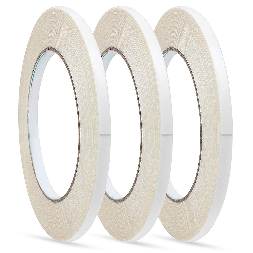 3 Rolls Double Sided Tape Adhensive Sticky Tapes for DIY Craft,Gift,Photos,Documents,Wallpaper,Card Making-6mm(1/4 inch) Wide and 15m Long