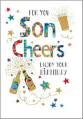 Nigel Quiney Contemporary Male Relation 'Happy Birthday' Greeting Card - Son Cheers - From The Party Time Range - With A Gold Foil Finish