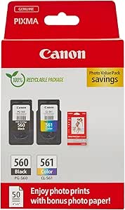 Canon Ink & Paper Multipack - PG-560/CL-561 Genuine Printer Ink Cartridges 2 Pack (1 x Black, 1 x Colour) & 4x6 Photo Paper (50 x Sheets)