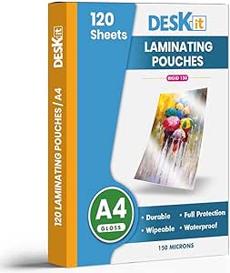 120 Sheets Deskit Laminating Pouches A4, Gloss,150 Microns - Clear and Durable Presentations - Ideal Rigidity for Everyday Use