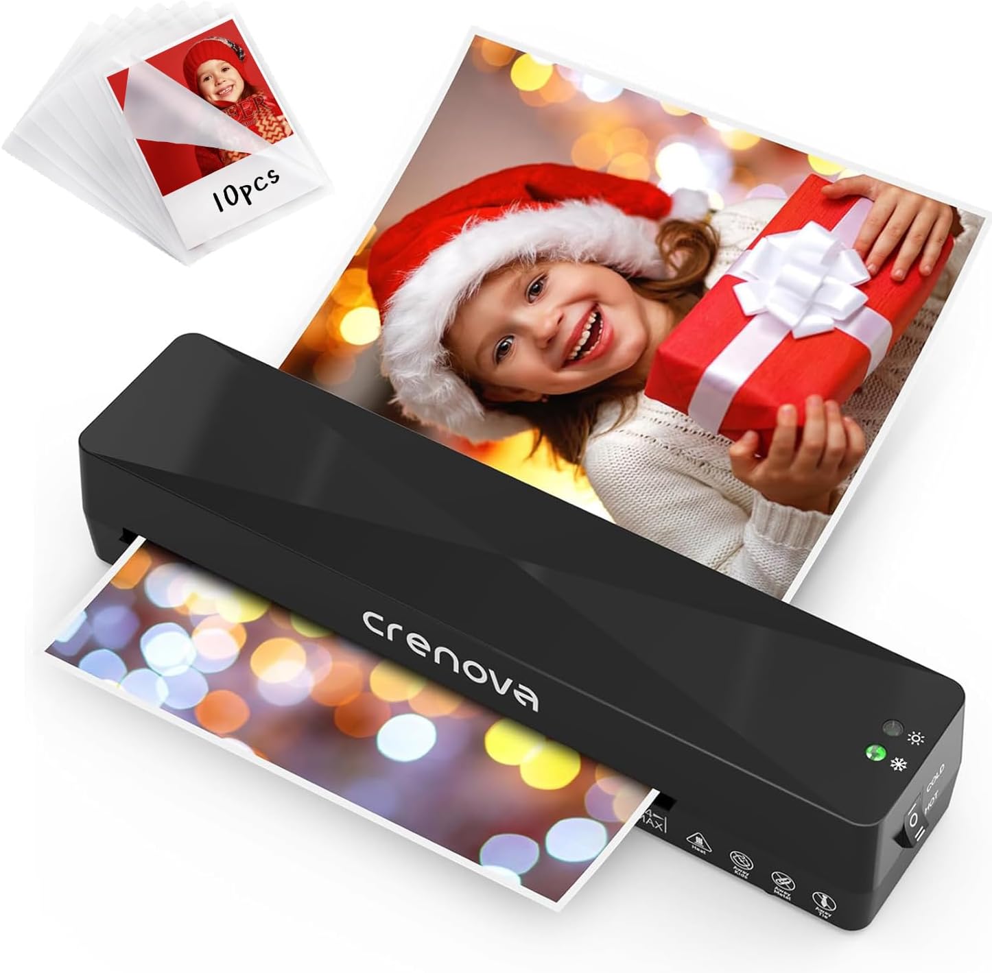 Crenova A4 Laminator, Thermal Laminator Machine for Hot and Cold Settings with 10 Laminating Pouches No Bubbles for School Home Use (Black)