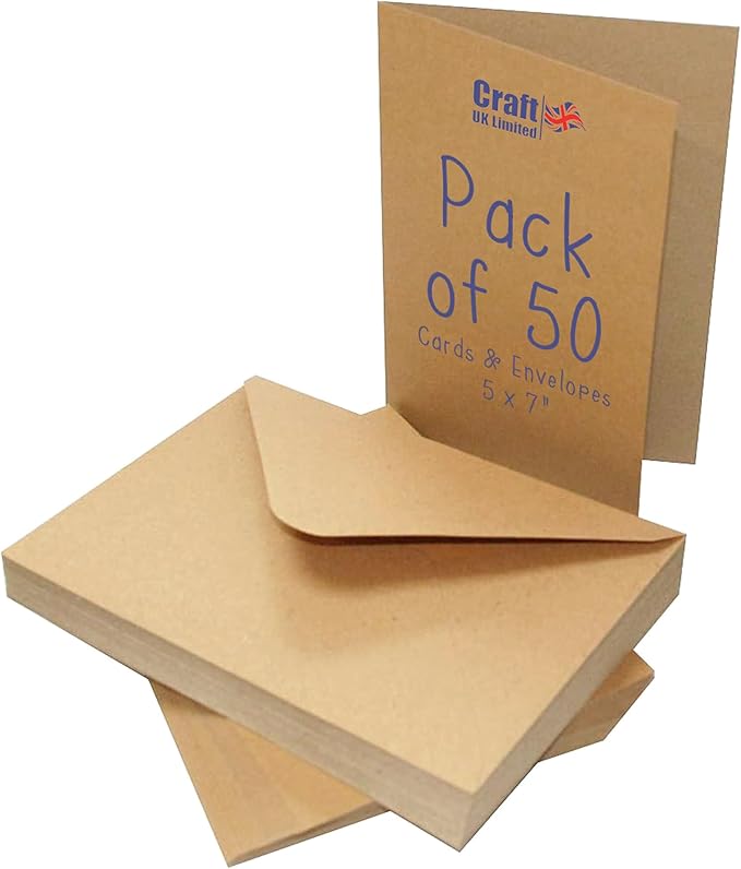 Craft UK, 50 Blank Cards and Envelopes for Card Making, Made in the UK, Lasting Quality, Brown Kraft, 5 x 7-Inch