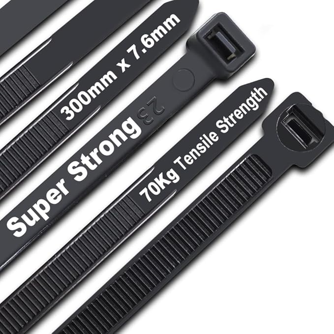 Cable Ties Black,300mm×7.6mm Heavy Duty with 70 kg Tensile Strength Large UV Resistant Strong Nylon Cable Zip Ties(100 Pieces)