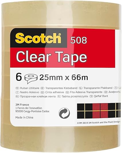 Scotch Clear Tape, Pack of 6 Rolls, 25 mm x 66 m - Strong and Sticky Tape for General Purpose Wrapping, Sealing and Mending, packaging may vary
